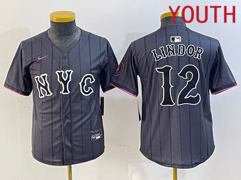 Youth New York Mets #12 Lindor Black City Edition 2024 Nike MLB Jersey style 2